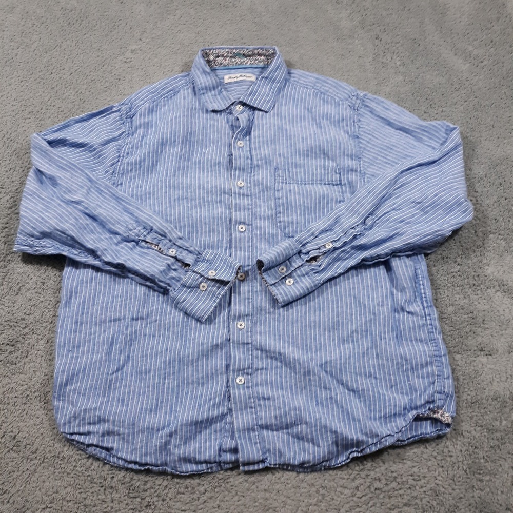 Tommy Bahama Linen Shirt Button Up Mens Large Island Tropical Blue Striped